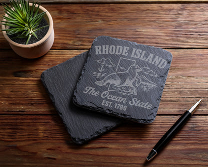 Engraved slate coasters with "Rhode Island The Ocean State Est. 1790" text.