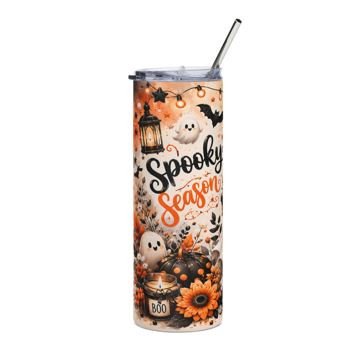 Tumbler with Halloween "Spooky Season" text and ghost, pumpkin, and bat graphics.