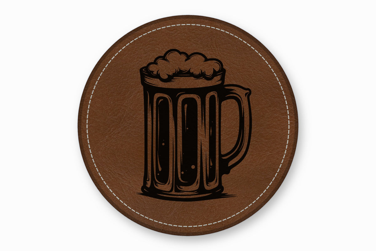 A round brown leather coaster with white stitched edges and a black beer mug graphic.