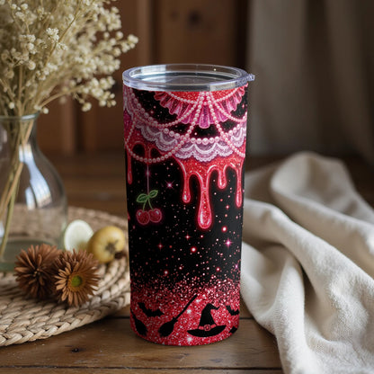 Black tumbler with red dripping lace, cherries, bats, witch hats, and glitter.