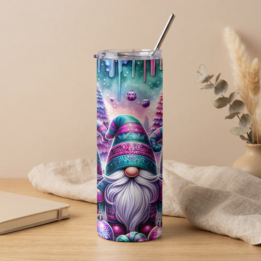 Tumbler with colorful gnome and winter forest design, metal straw.