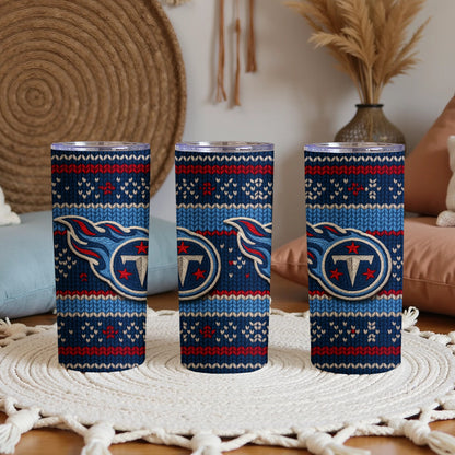Three Tennessee Titans tumblers with a navy, blue, and red knitted pattern.