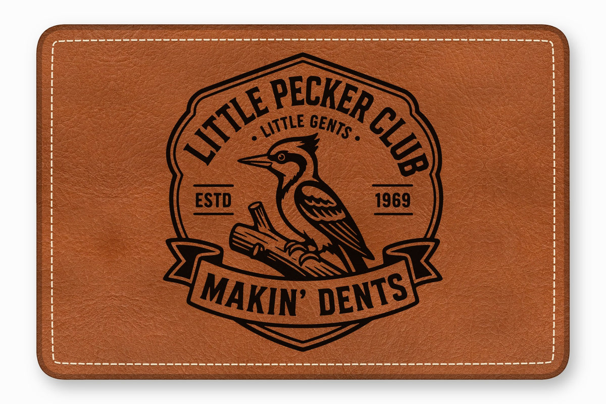 Brown leather patch featuring a black stamped logo with a woodpecker and text reading Little Pecker Club and Makin Dents.