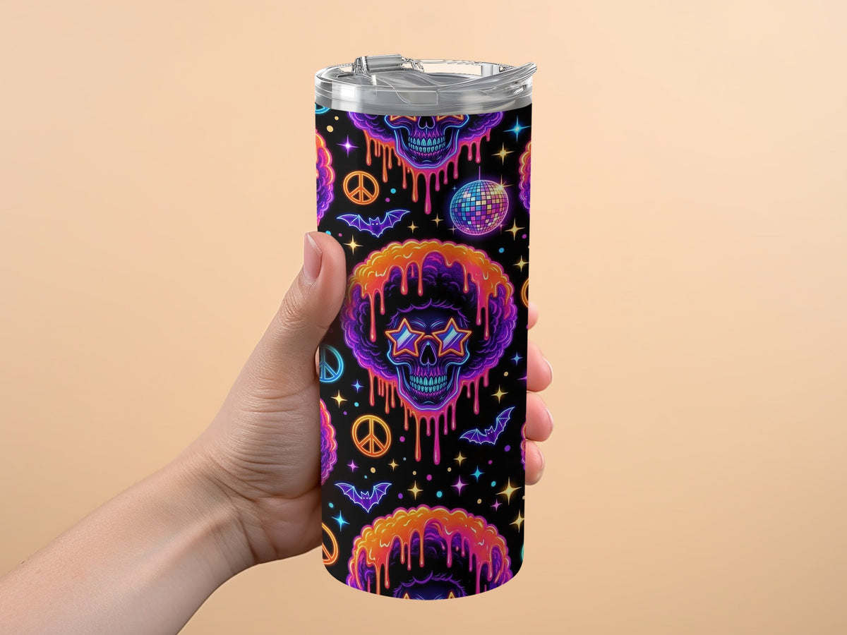 Tumbler with a black background featuring neon skulls, peace signs, bats, and disco balls.