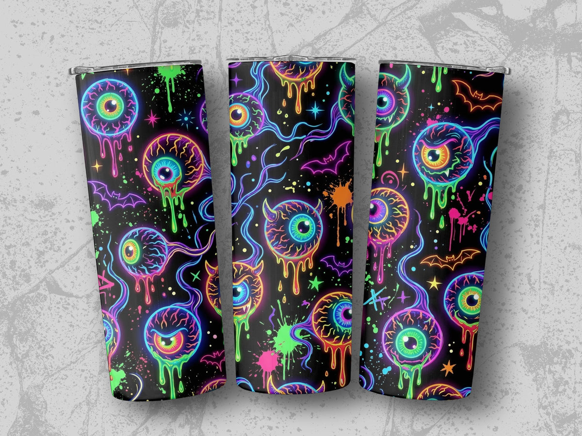 Neon eyeballs, bats, and splatters pattern on black tumblers.