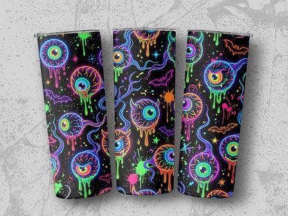 Neon eyeballs, bats, and splatters pattern on black tumblers.
