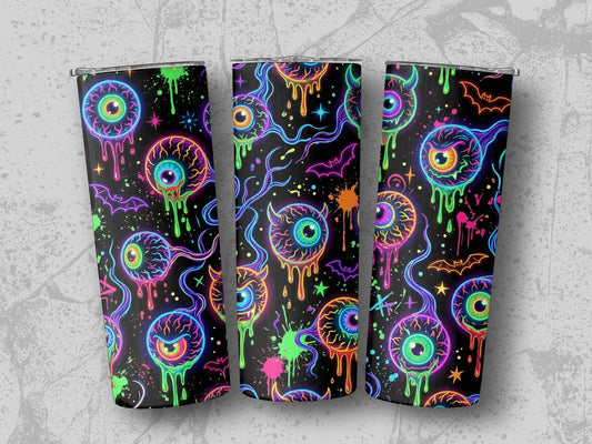 Neon eyeballs, bats, and splatters pattern on black tumblers.
