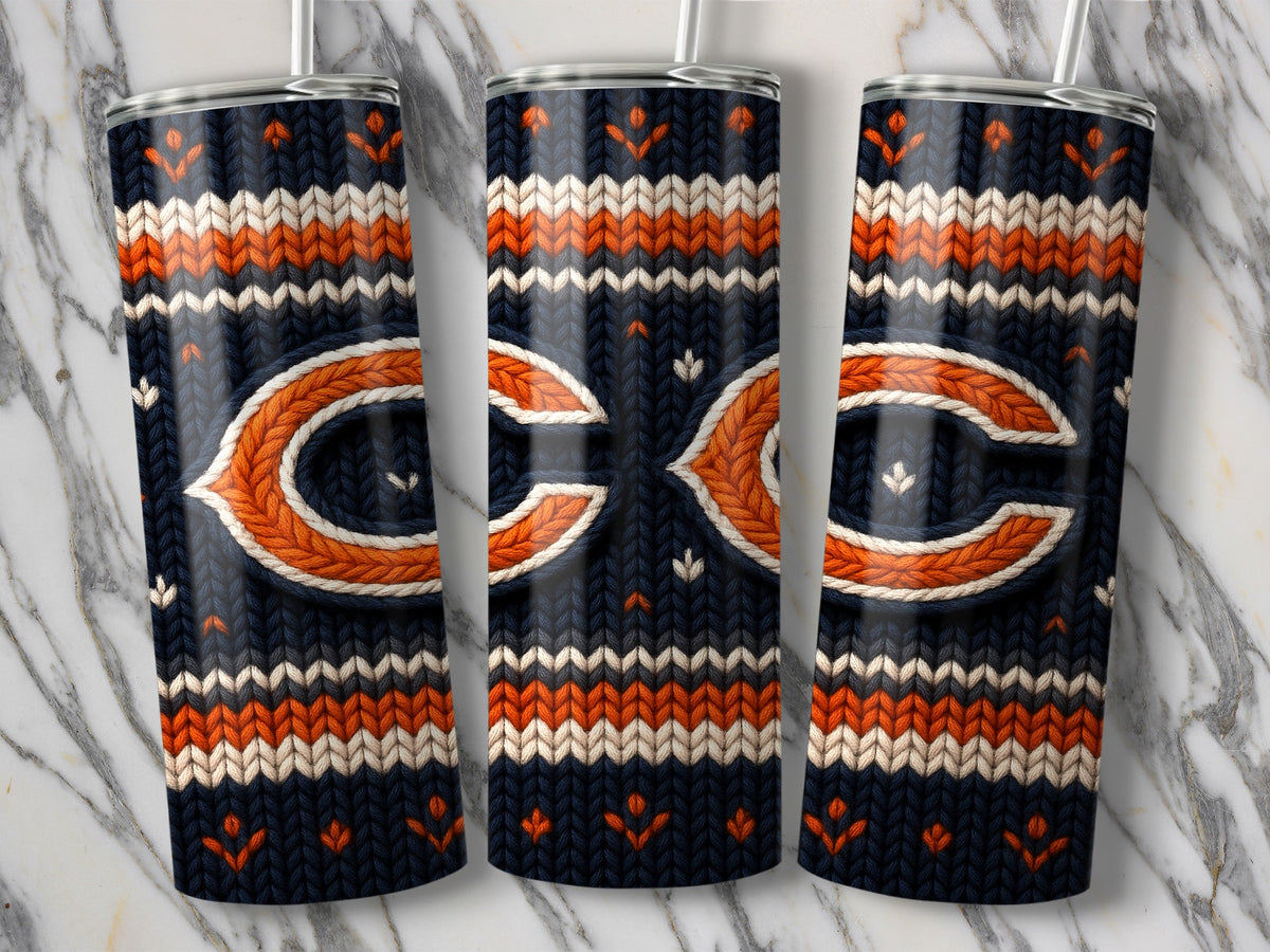 Three tumblers with a navy, orange, and white knit pattern and Chicago Bears logo.