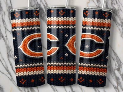 Three tumblers with a navy, orange, and white knit pattern and Chicago Bears logo.