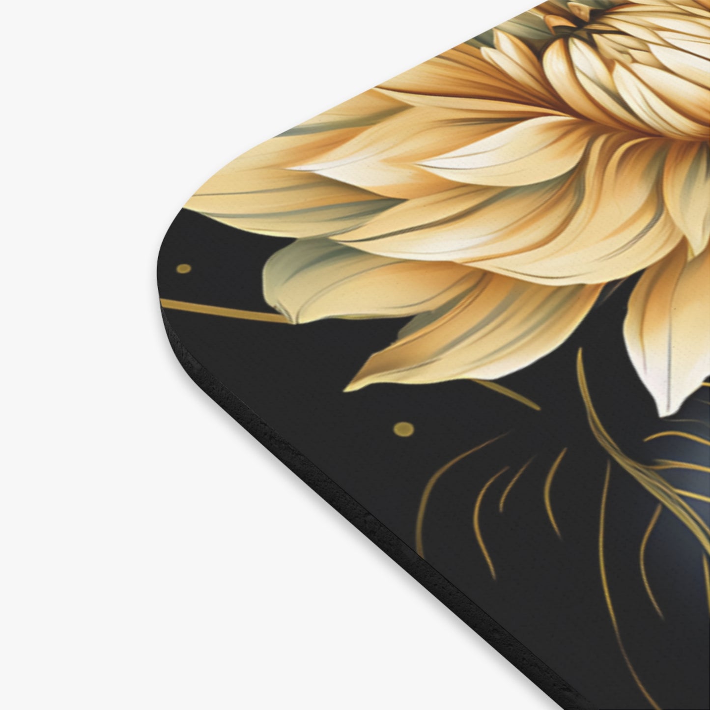 Close-up of a golden flower with stylized gold line art on black background.