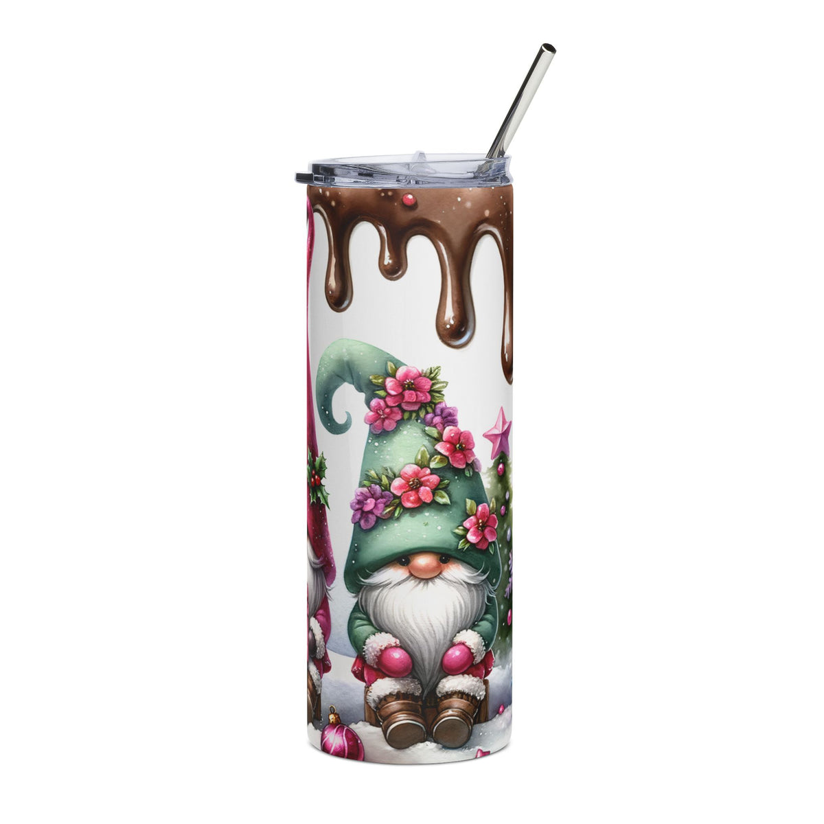Tumbler with chocolate drip top and festive gnomes with floral hats.