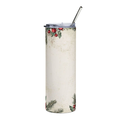 White tumbler with a festive holly, berry, and pine branch design.