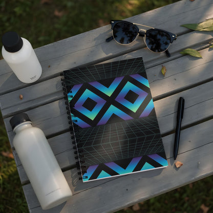 Spiral notebook with geometric pattern, sunglasses, pen, and water bottles on wooden surface.