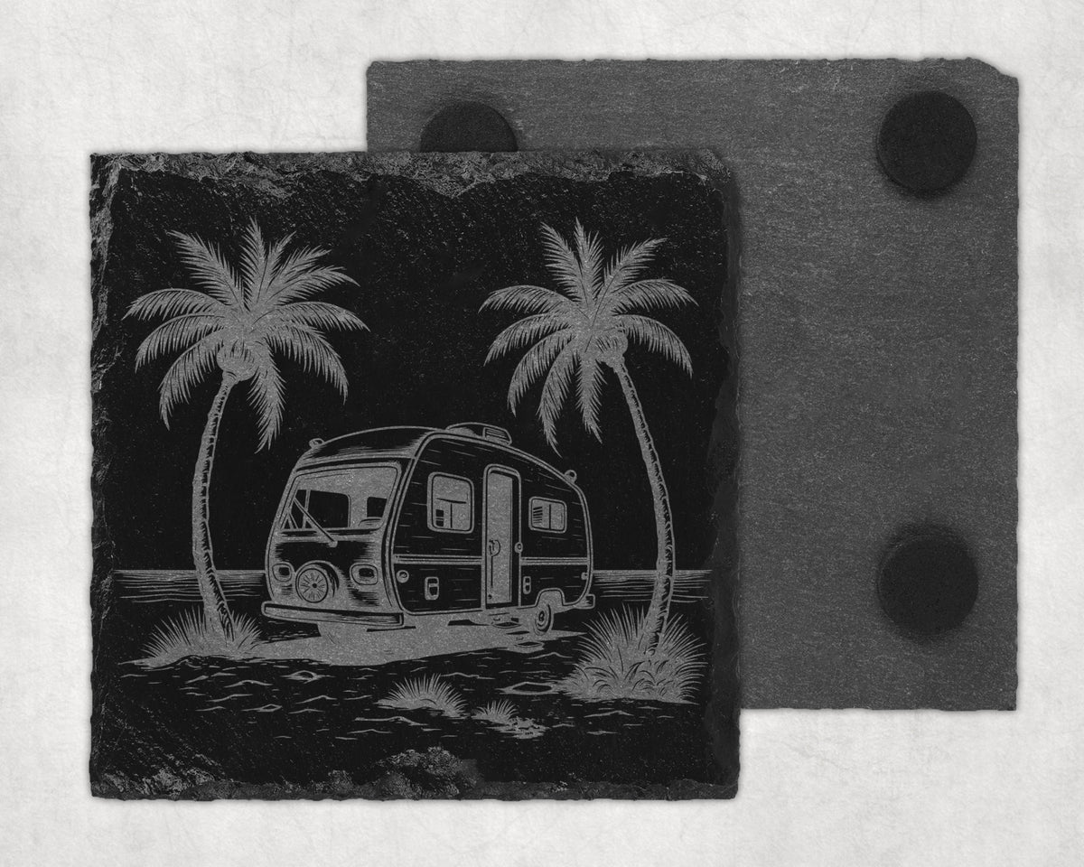 Engraved slate coaster with a camper, two palm trees, and water.