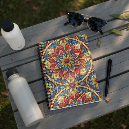 Spiral notebook with stained glass pattern on a wooden bench with water bottles and sunglasses.