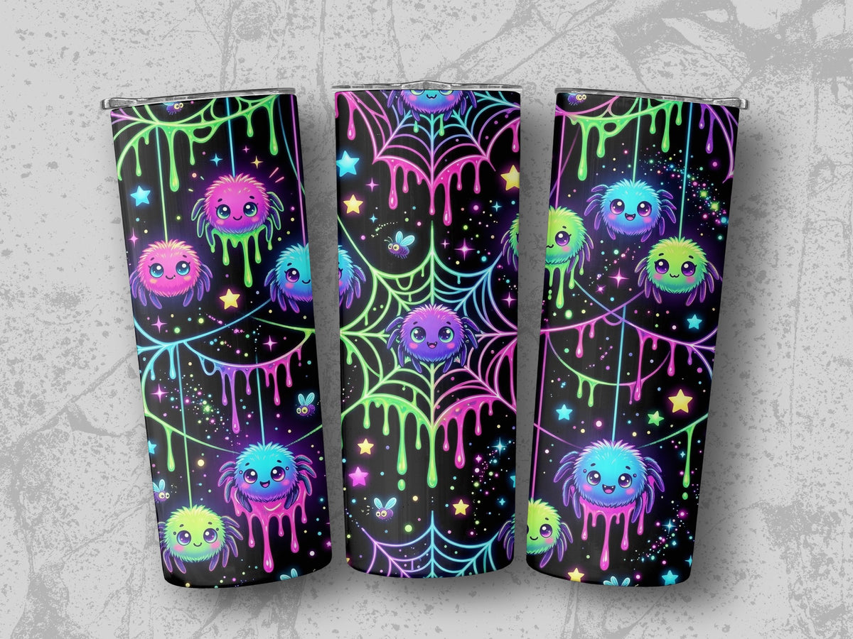 Three tumblers with a Halloween spider web design featuring cute, colorful cartoon spiders.