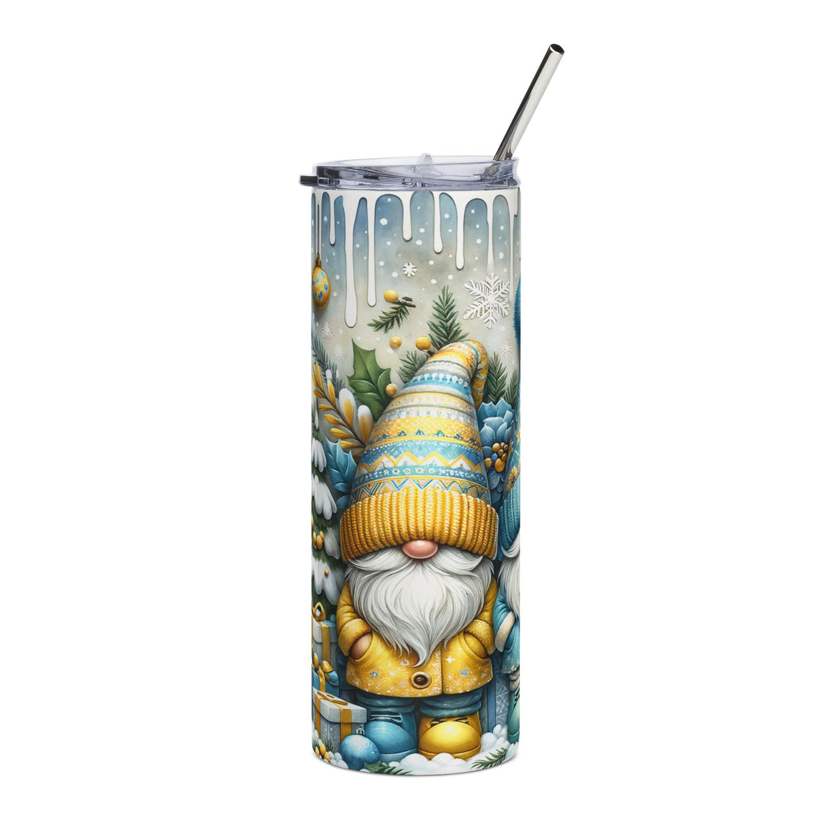 Tall tumbler with a festive gnome and winter scene design.