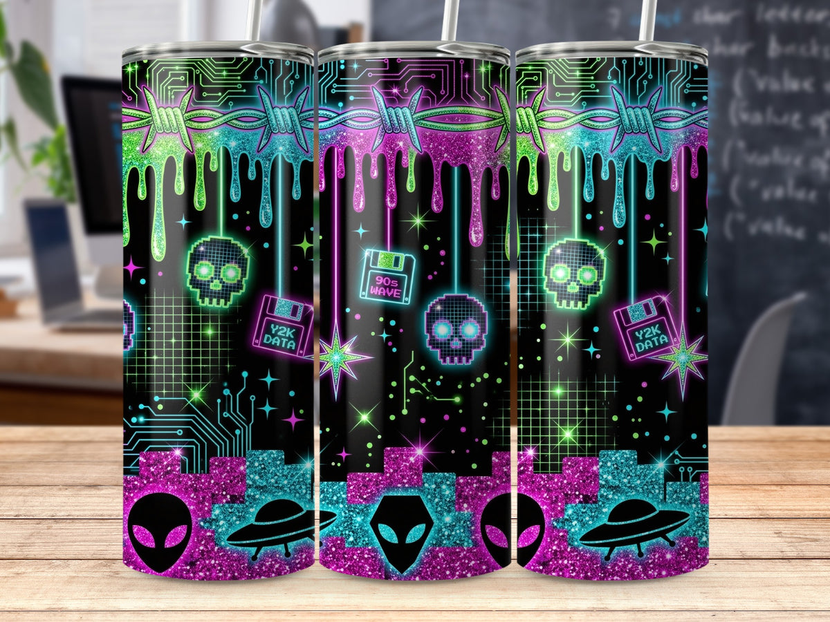 Tumbler with neon alien, skull, floppy disk, and barbed wire design.