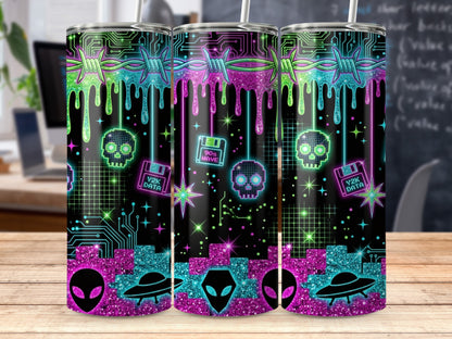 Tumbler with neon alien, skull, floppy disk, and barbed wire design.