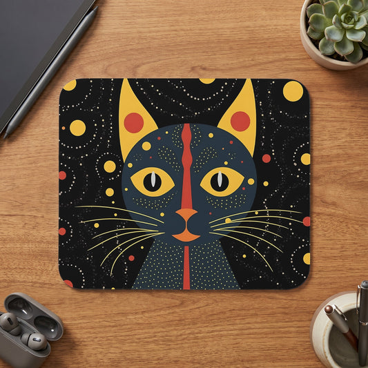 Rectangular mousepad featuring a stylized black cat with yellow and red celestial patterns on a wooden desk.