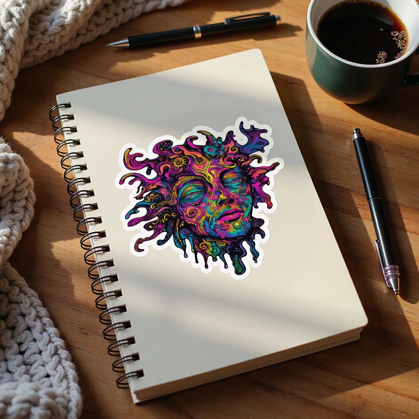Colorful, psychedelic face sticker on a notebook with pens and coffee.