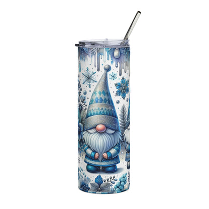 Tumbler with blue and silver gnome and snowflake design, featuring a metal straw.