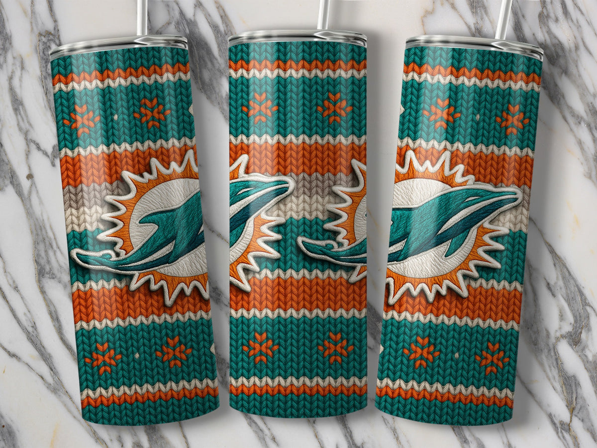 Miami Dolphins logo on a knit-patterned tumbler with a straw
