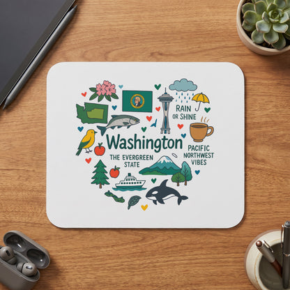 Washington "The Evergreen State" heart graphic with icons and text.