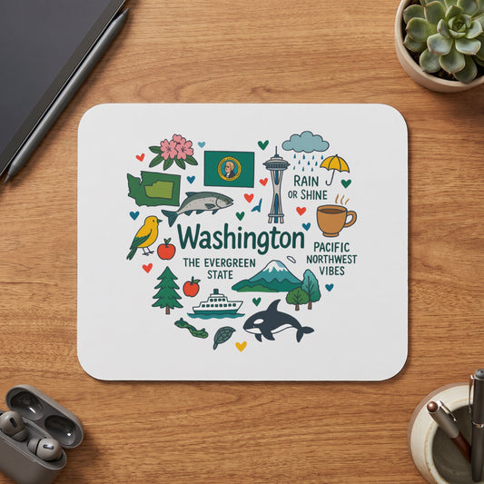 Washington "The Evergreen State" heart graphic with icons and text.