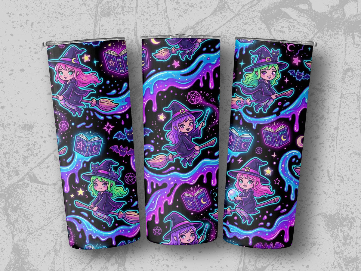 Three tumblers with cute cartoon witches flying on brooms, surrounded by stars and colorful magic.