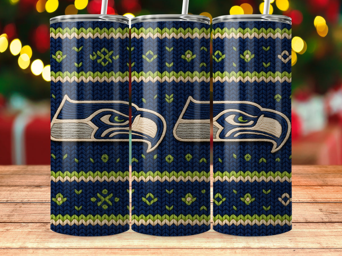Seattle Seahawks logo on a dark blue knit pattern tumbler with straw.