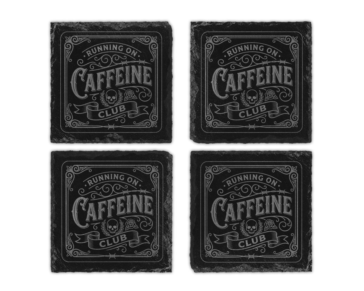 Four square slate coasters with the text "Running on Caffeine Club" and a skull emblem.