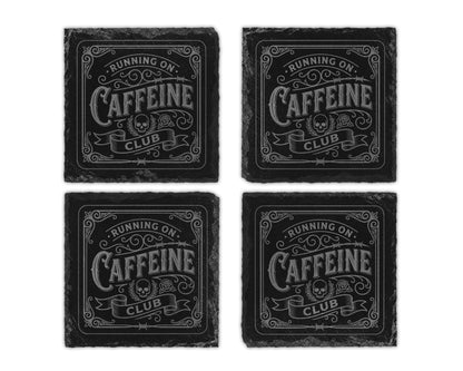 Four square slate coasters with the text "Running on Caffeine Club" and a skull emblem.