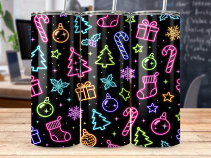 Neon Christmas ornaments, candy canes, stockings, trees, gifts, and stars pattern on black.