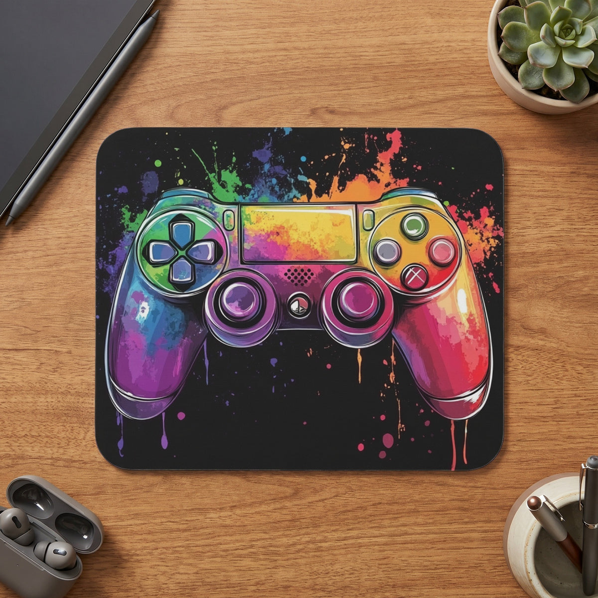 Video game controller with colorful paint splatters on a black background.