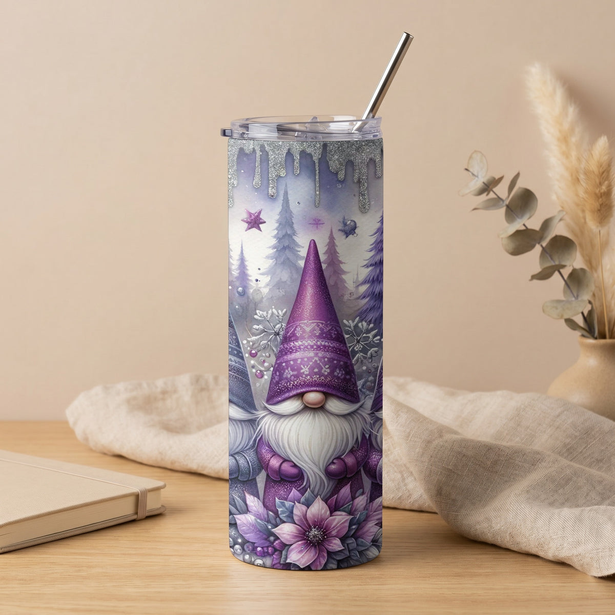 Purple gnomes with winter forest and glitter design on a tumbler with straw.