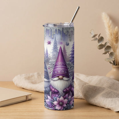 Purple gnomes with winter forest and glitter design on a tumbler with straw.