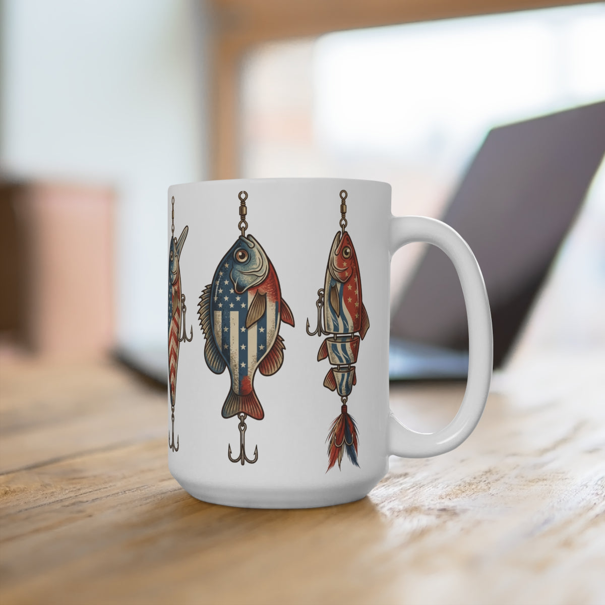 White mug with American flag fishing lures on the side