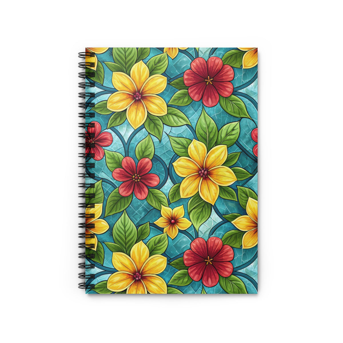 Spiral notebook with yellow and red floral pattern on teal background.