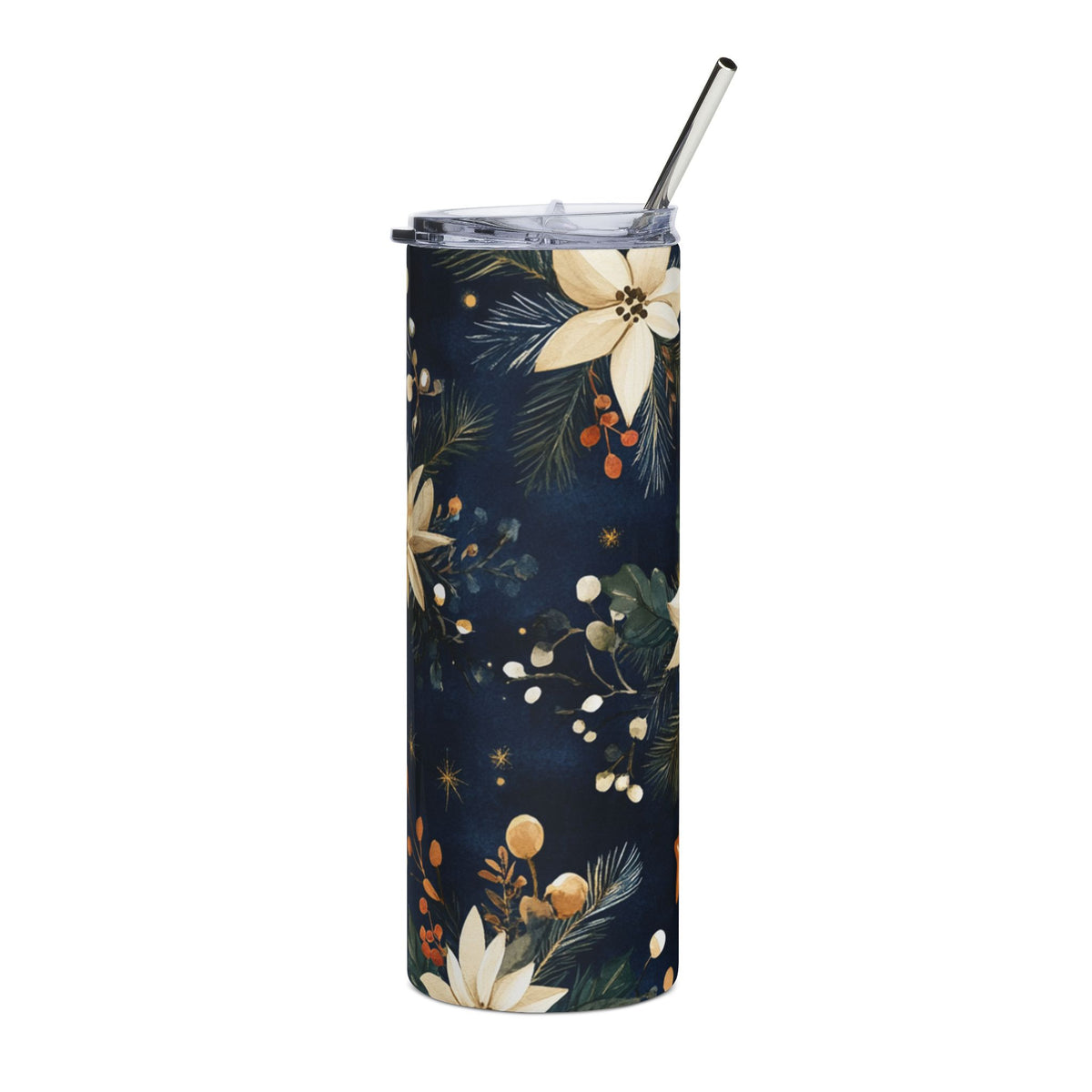 Dark blue tumbler with white poinsettias and green foliage pattern.