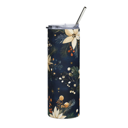 Dark blue tumbler with white poinsettias and green foliage pattern.