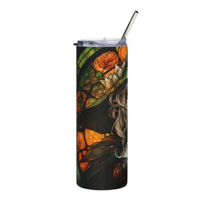 Tumbler with witch and stained glass art, featuring orange and green autumn leaves.