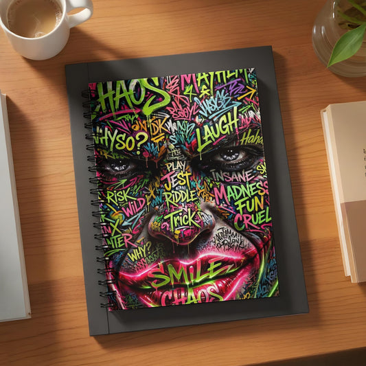 Notebook with Joker face art covered in graffiti text like "Chaos" and "Smile".