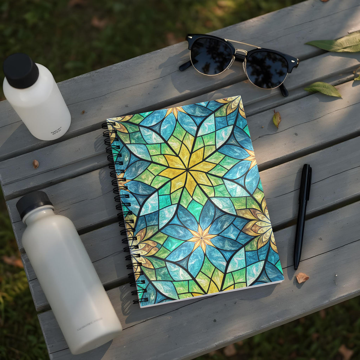Spiral notebook with stained glass floral pattern on a wooden bench with water bottles.