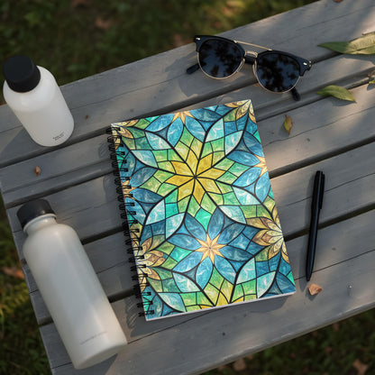 Spiral notebook with stained glass floral pattern on a wooden bench with water bottles.