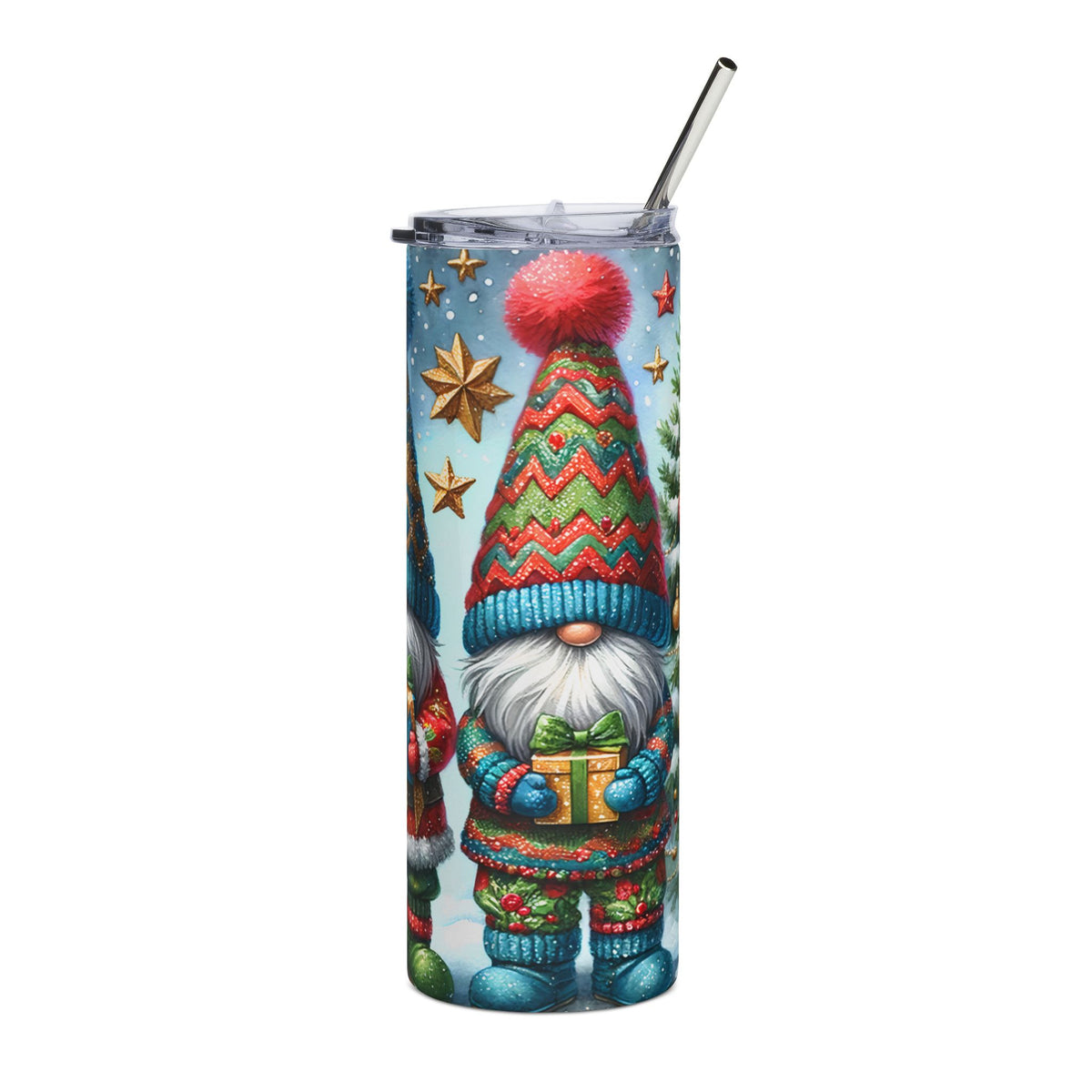 Tumbler with festive gnomes, gifts, stars, and snowflakes on a light blue background.