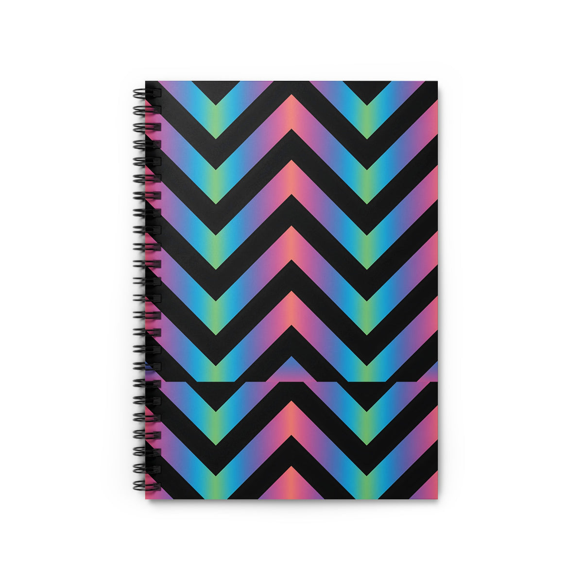 Spiral-bound notebook with a black and rainbow chevron pattern.