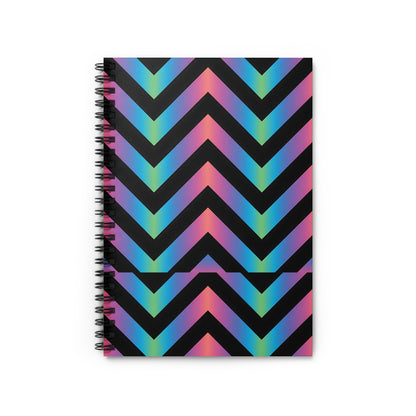Spiral-bound notebook with a black and rainbow chevron pattern.