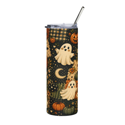 Halloween tumbler with ghosts, pumpkins, moon, and plaid pattern.