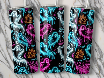 Three tumblers featuring a black background with a neon ghost, haunted house, and bat pattern.